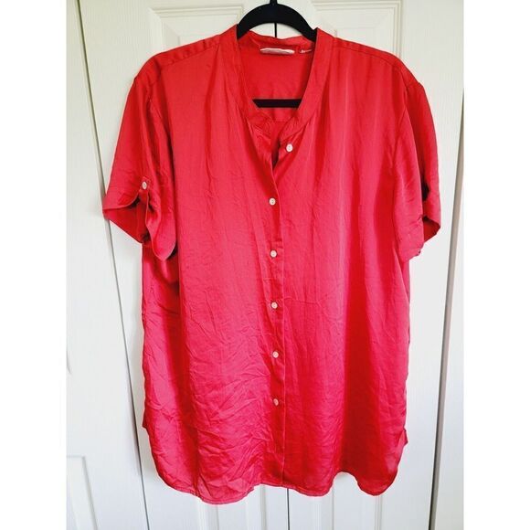 Chico's 3 Silk Blouse Red Button Front Short Sleeve‎ Top Mandarin Collar - Picture 1 of 6